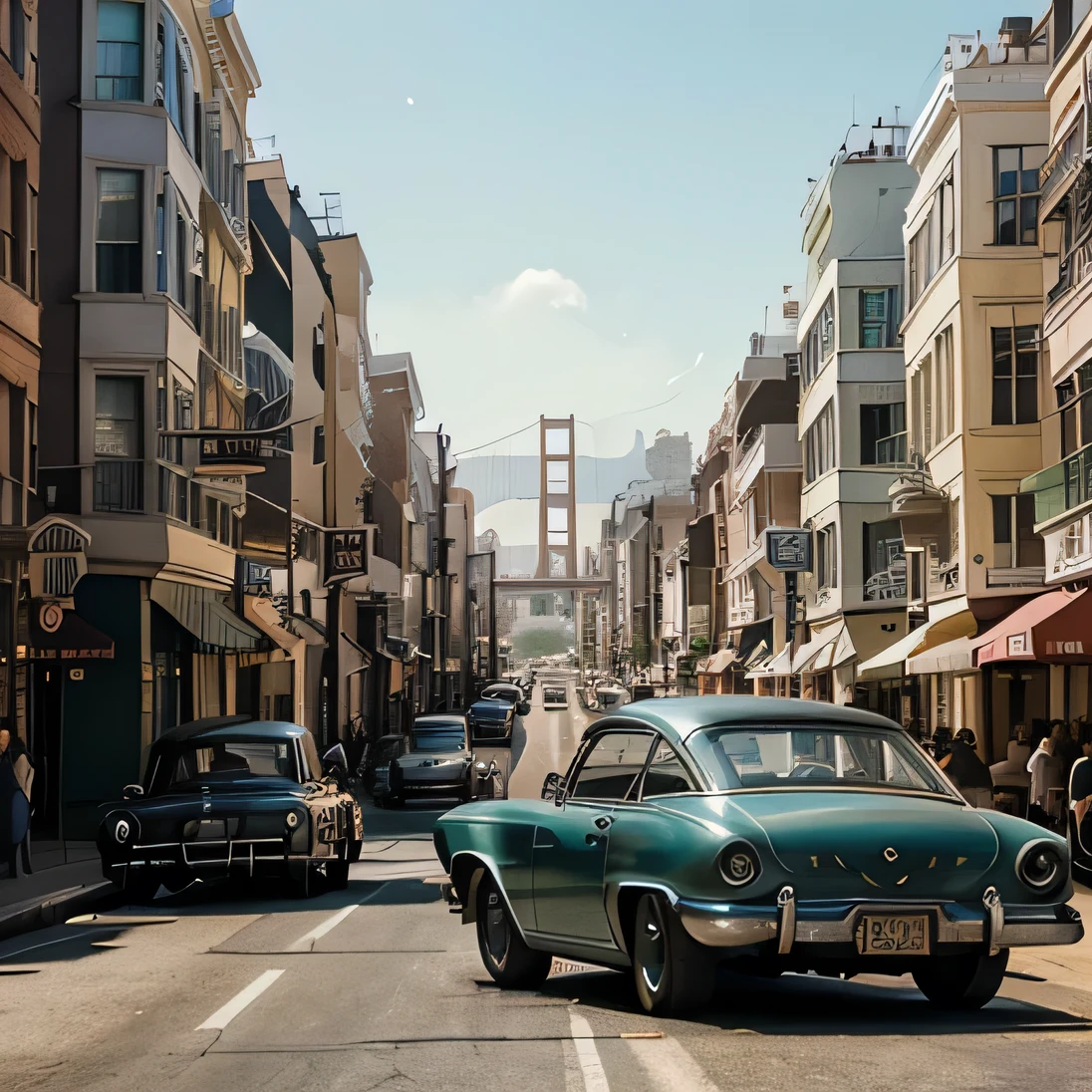 a peaceful representation of San Francisco in the 1960s, beautiful cityscape with classic architecture, vintage cars, people relaxing on the streets, warm lighting, muted color tones, (best quality,4k,8k,highres,masterpiece:1.2),ultra-detailed,(realistic,photorealistic,photo-realistic:1.37),cinematic composition,intricate details,dramatic lighting,stunning scenery,nostalgia,timeless atmosphere.