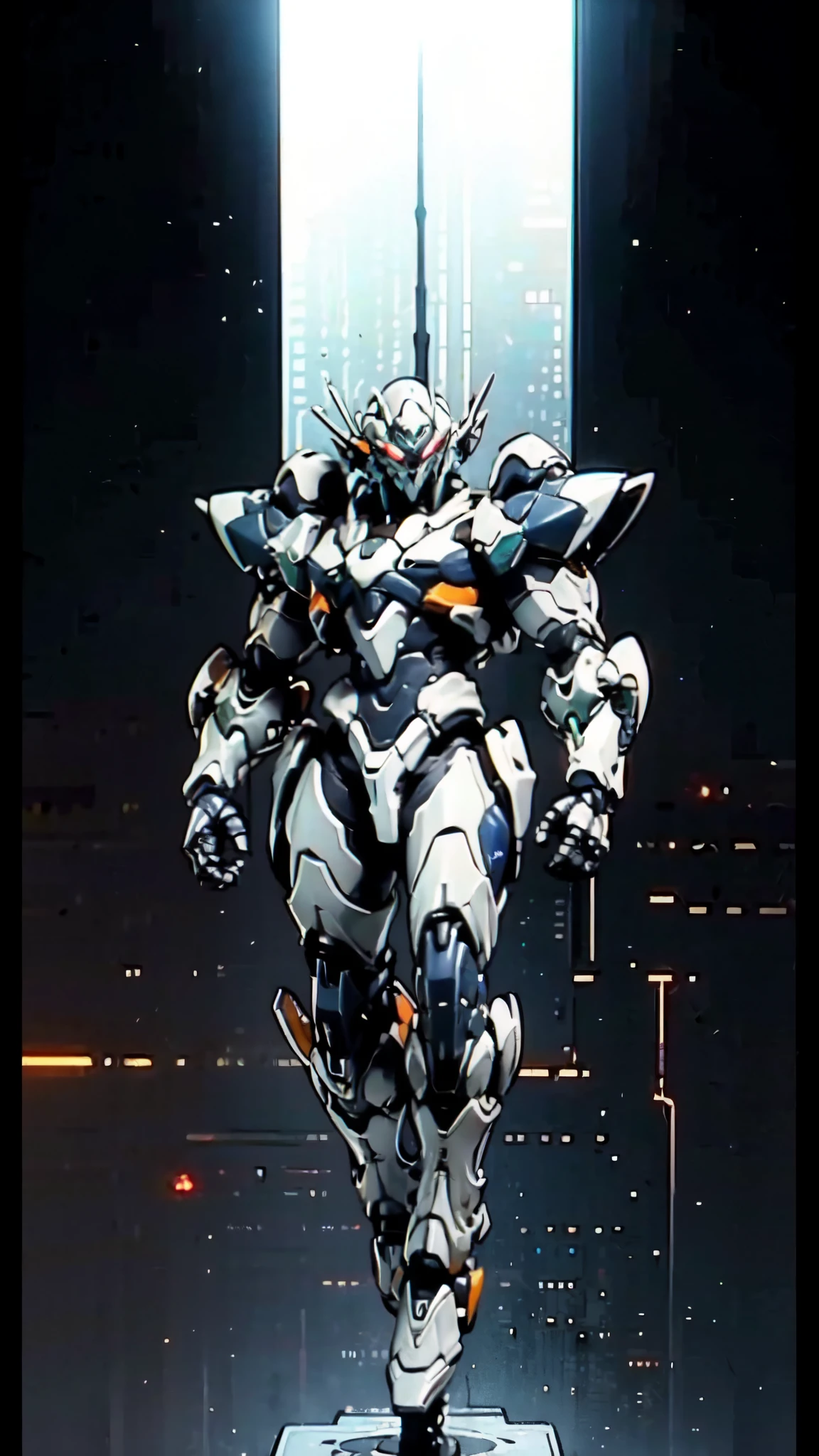 (masterpiece:1.5, best quality:1.5, extremely delicate:1.5), humanoid Mecha, fully enclosed shoulder guards, matching arm and leg guards, full body, full armor, the design balances heavy with agility, (the color scheme is primarily white with red and blue accents, the concept Inspired by Super robot, organic biotech armor, standing, floating high above the futuristic sci-fi city), exquisite and art style, (aura effect, energy, glowing eyes, the armor glows), metallic, dramatic, high definition, highres, ultra-detailed, ultra-fine painting, professional, perfect body proportions, anatomically correct, symmetrical face, extremely detailed eyes and face, high quality eyes, creativity, RAW photo, UHD, 32k, Natural light, cinematic lighting, masterpiece-anatomy-perfect