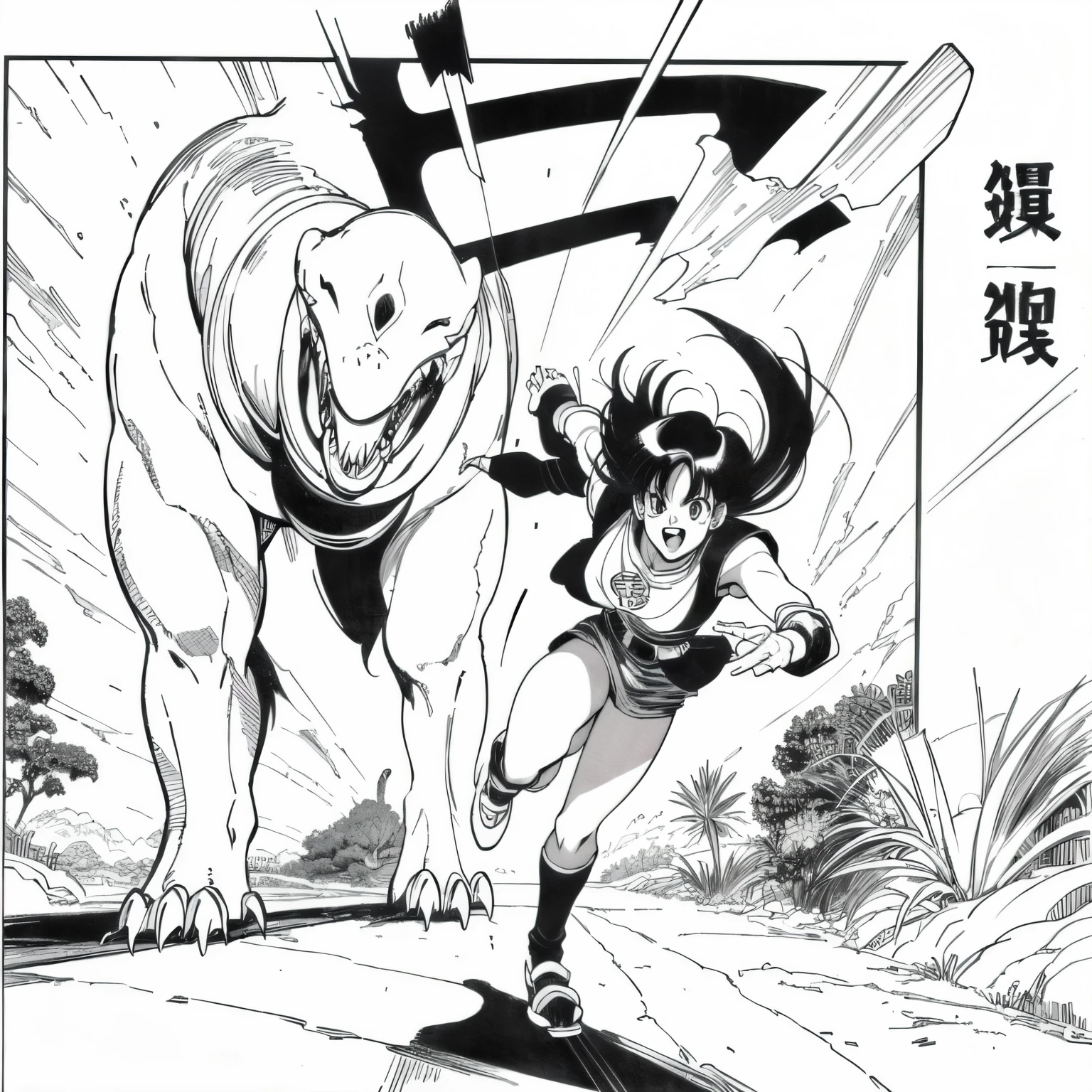 A cartoon，A dinosaur is chasing a girl in the background ， author：Akira Toriyama, 1990 comic panel, Black and white comic panels, Akira Toriyama的艺术, 1990 Manga and Anime，Rich in details, author：Osamu Tezuka, author：Urakusa Changxiu, manga 1 9 9 0