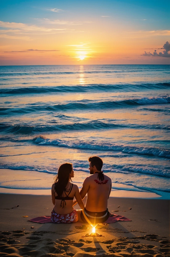 Beach sunset, couple sitting, heart shape with glowing light, birds flying, letters R + N on sand, romantic atmosphere, warm colors, serene ocean.