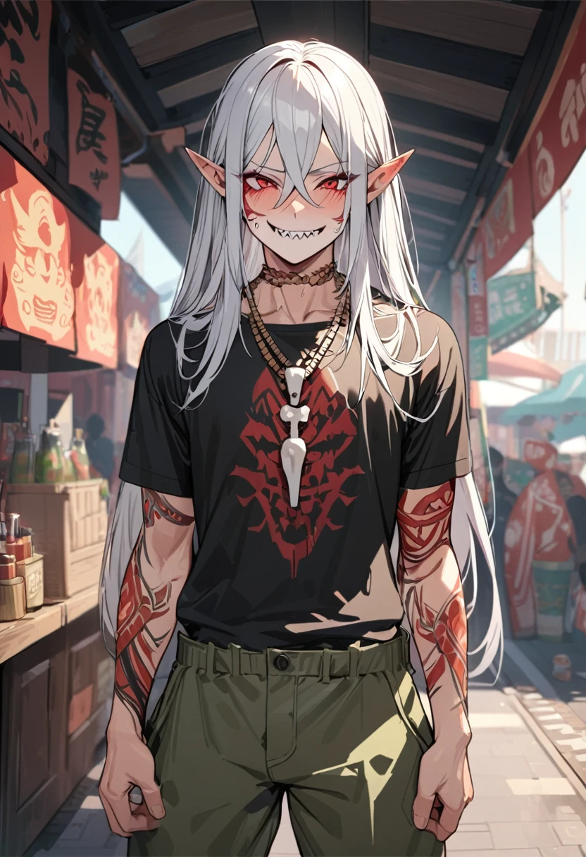 boy, white hair, long straight hair, red eyes, wild smile, sharp teeth, pointed ears, fair skin, black shirt, green cargo pants, red tribal tattoos, facial red tattoo, bone necklace., high quality, high details, 4K, anatomically correct