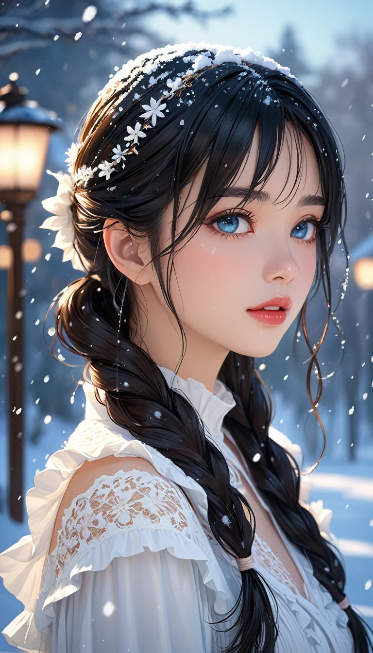 (((masterpiece))),best quality,illustration,4k wallpaper,movie lighting,absurd,1 girl,(snow,ice),snow flower,in winter,black hair,shiny hair,bleu eyes,wihte clothes,frills,lace,wet clothes,leave_Shoulder,hair tie,masterpiece,telephoto lens,absurd,Exquisite face,features,natural light,soft light,(Seven-part combination),epic,Dreamy and magical,mystery,