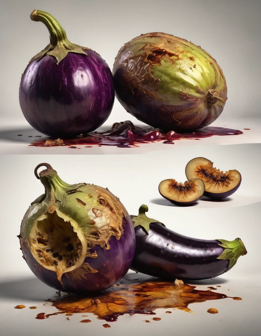 rotten eggplant, decaying fruit, twisted stem, brown spots, overripe peel, mushy texture, dripping juice, oozing decay, cell shaded adult animation, vibrant colors, complementary tones, striking contrast, (best quality,4k,8k,highres,masterpiece:1.2),ultra-detailed ( a dry, cracked stem and any other signs of decomposition), grotesque