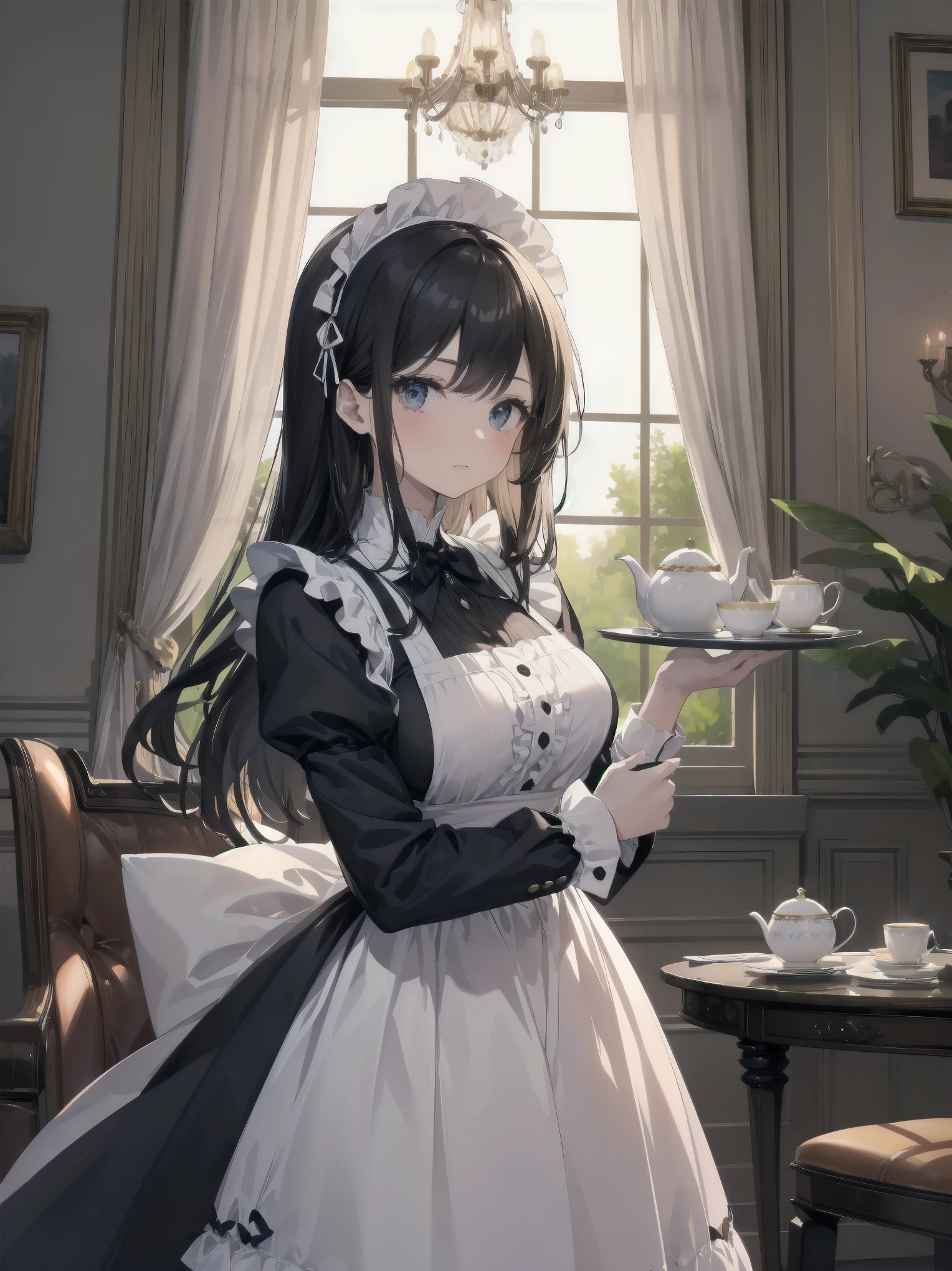 Illustration of a beautiful girl in a cute pose,(Masterpiece: 1.2), (Best quality: 1.2), A cute girl with long black hair, dressed in a classic black and white maid outfit with frilly lace and a matching headband, is standing in a beautifully decorated Victorian-style parlor. She is holding a silver tray with a teapot and teacup, her expression a mix of professionalism and warmth. The background includes ornate furniture, a chandelier, and large windows with heavy drapes, all bathed in soft afternoon light. This illustration emphasizes the elegant and welcoming atmosphere of a high-class tea service
