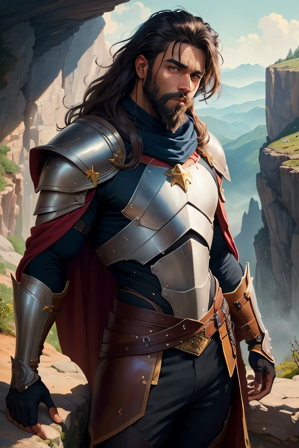 ((best quality)), ((masterpiece)), (detailed), Prize-winning works, with incredible details, maximum textures and details, uhd ,8k,super resolution ,depth of field, retina, masterpiece, 1 dark-skinned MALE RANGER on top of a mountain admiring and looking down at the valley below ,he is 55 years old, (((he has dark skin))). leather armor that blends in with the underbody and cape to become invisible, he wears leather armor ,messy hair ,he has dark skin ,big messy beard, he wears a cape,shoulder length hair ,sunny day ,detailed shadows