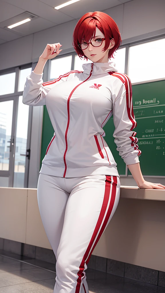 woman with short red hair, white eyes, glasses, tall body, big breasts, wearing a tracksuit, is at school