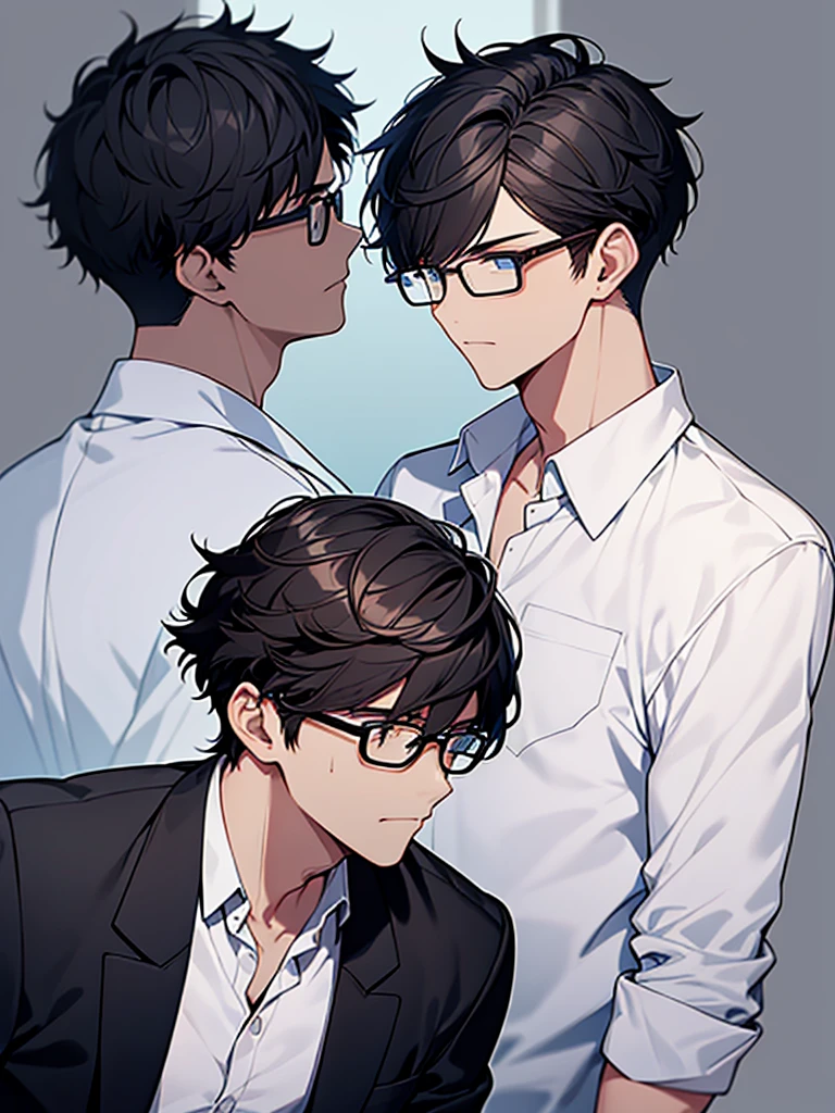 Side view of a young man with short, dark haired nerdish look, white shirt, jacket, dark background, discussion, frown, glasses