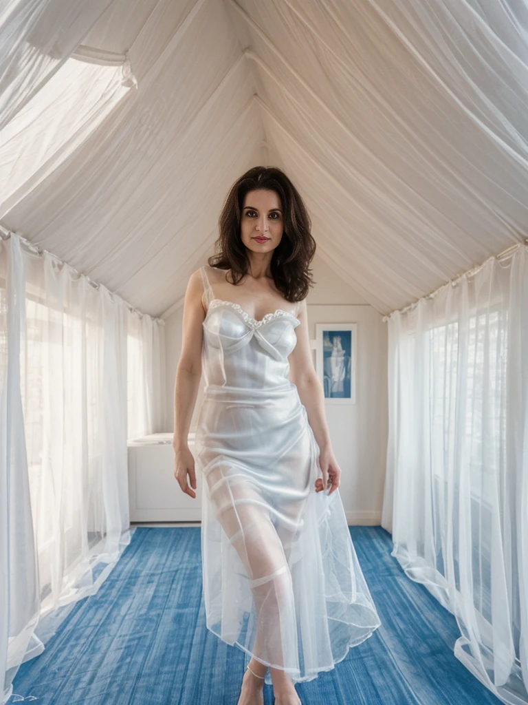 her name is Yasmin Fatima, high quality, ((mature)), ((white pale skin)), 1girl, ((30-year-old fit Swiss woman)), ((30 years old)), ((fit)), ((brunette)), pose: standing, wearing stylish blue (((organza))), ((BACKGROUND: indoor house in America)), random pose, cranky hair
