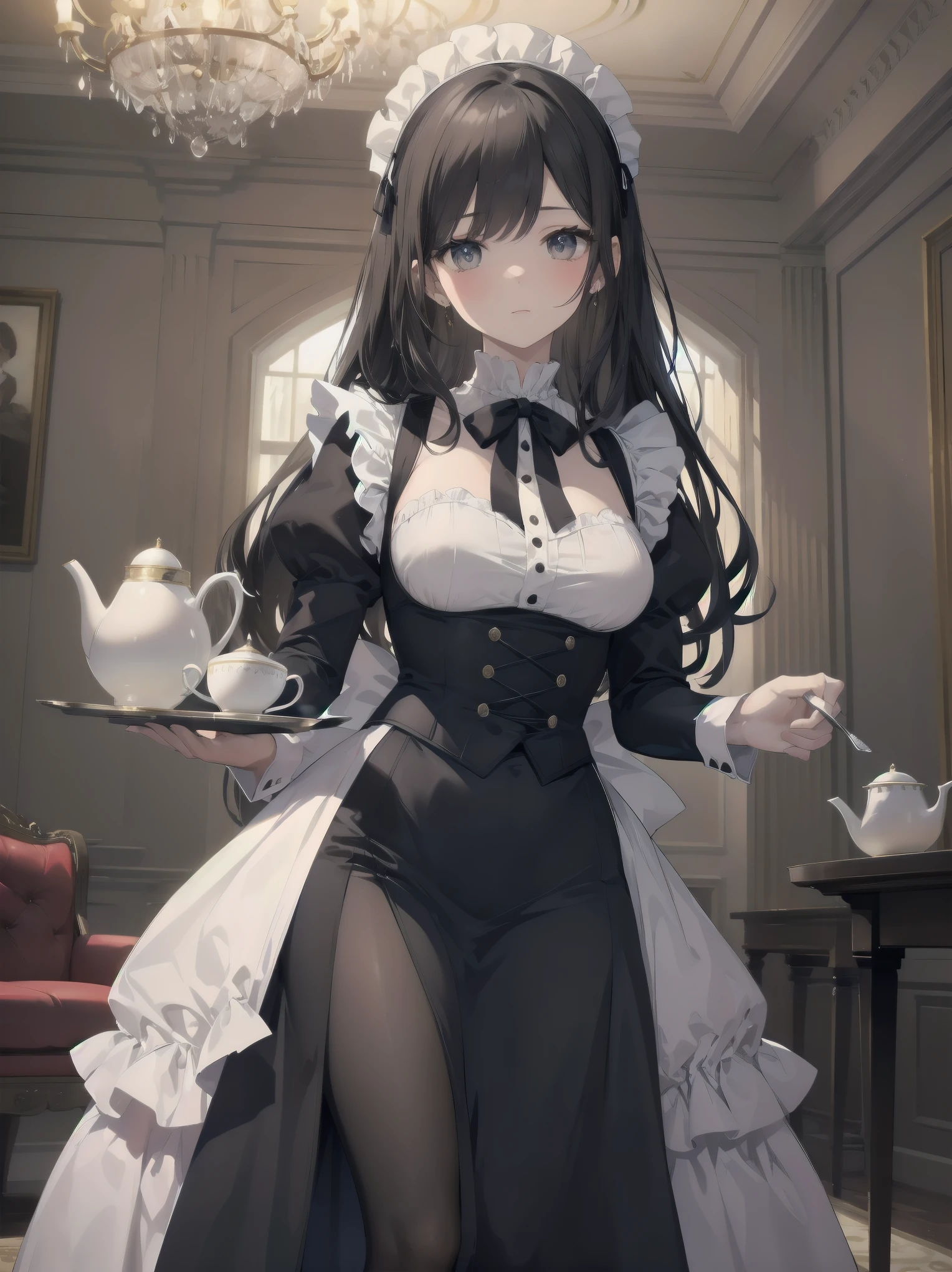 Illustration of a beautiful girl in a cute pose,(Masterpiece: 1.2), (Best quality: 1.2), A cute girl with long black hair, dressed in a classic black and white maid outfit with frilly lace and a matching headband, is standing in a beautifully decorated Victorian-style parlor. She is holding a silver tray with a teapot and teacup, her expression a mix of professionalism and warmth. The background includes ornate furniture, a chandelier, and large windows with heavy drapes, all bathed in soft afternoon light. This illustration emphasizes the elegant and welcoming atmosphere of a high-class tea service