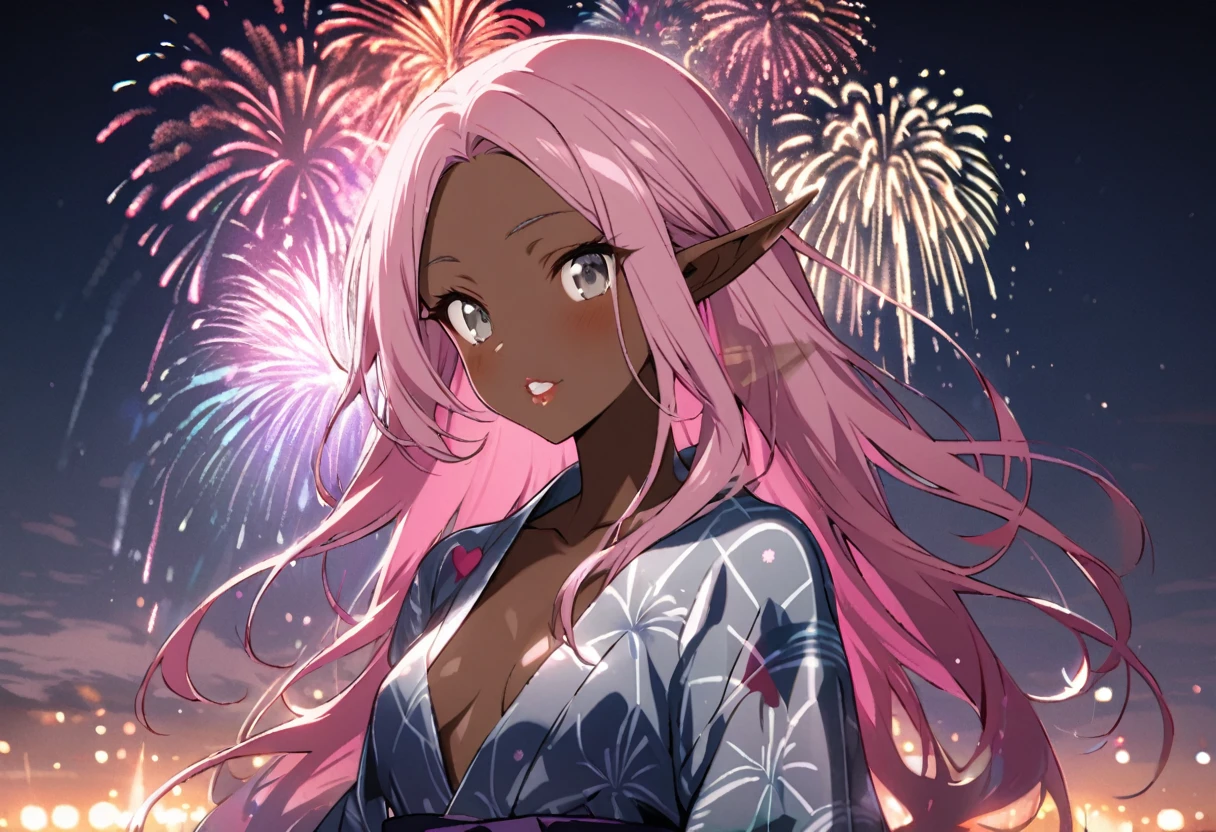 (Heart Shape, many:1.2 fireworks), (dark brown skin, solo:2, pink hair long hair sexy elf woman, cool gray eyes, glossy lip, small tits), (in a beautiful yukata with double exposure:1.2 of fireworks), BREAK, 16k, beautiful detailed silhouette.