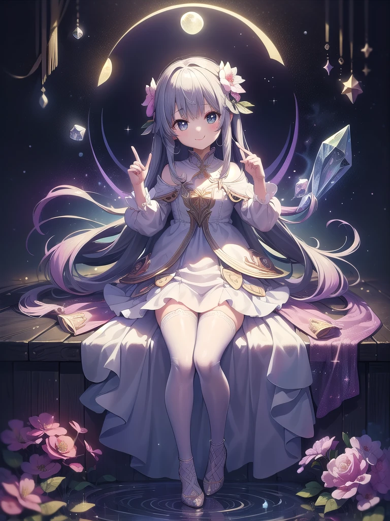 (masterpiece, Highest quality, detailed:1.3),(photograph:1.3), HD transparent background, Attention to detail,cute,One Girl, cute表情, smile,、Sparkling eyes,The audience watching,９age,(small),smile, Full body portrait, Night Sky,moon,star,flower,gem,crystal,aura