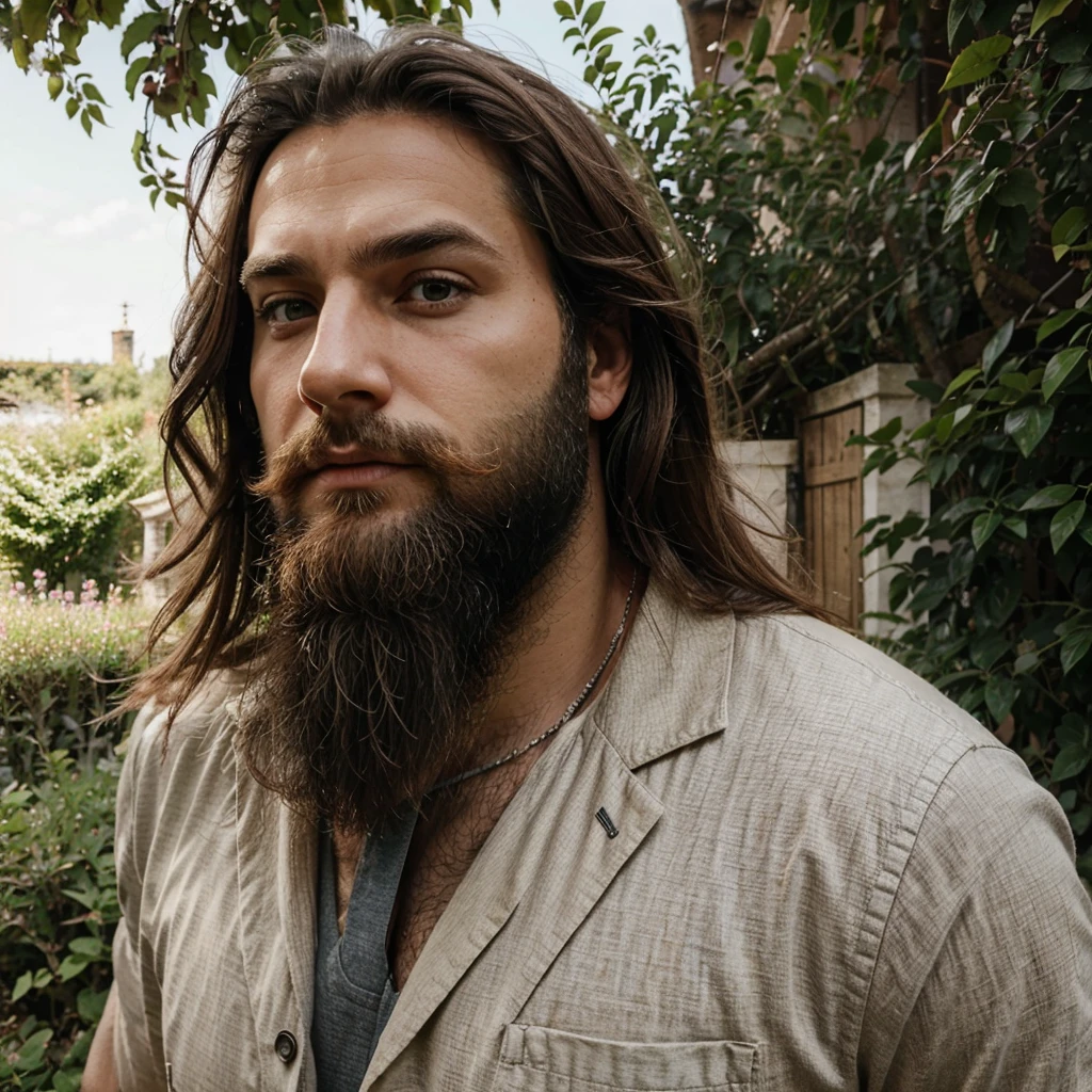 Homme, cheveux mi-long, gros, brun, barbe epaisse, petit nez, sourcil epais, jawline. Realiste, image, dans un jardin