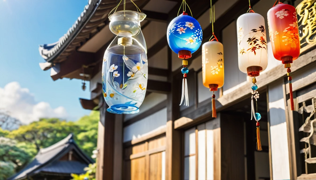 "Close-up of a delicate glass wind chime (furin) hanging from the eaves of a traditional Japanese house, swaying in a gentle breeze"