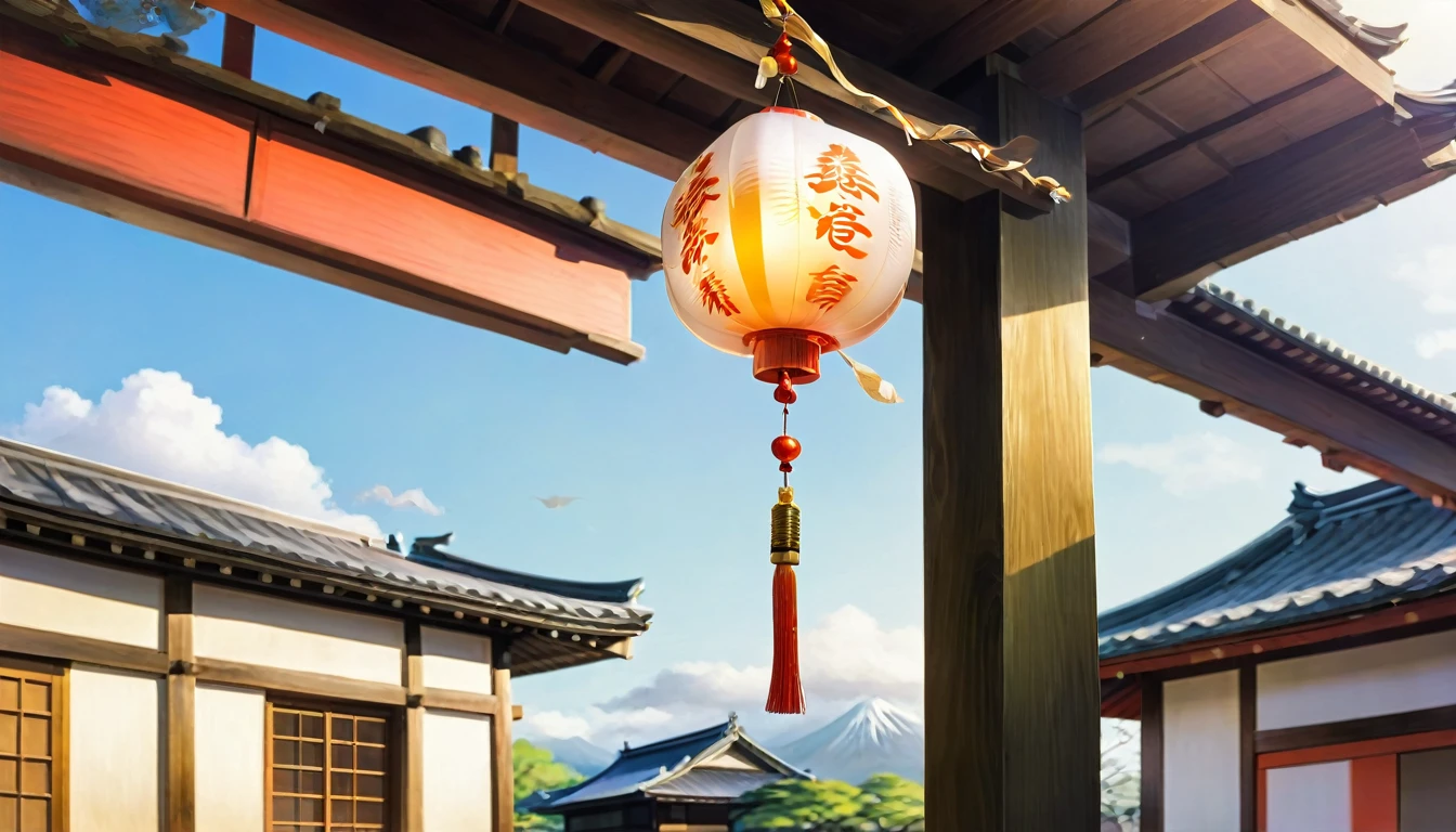 "Close-up of a delicate glass wind chime (furin) hanging from the eaves of a traditional Japanese house, swaying in a gentle breeze"