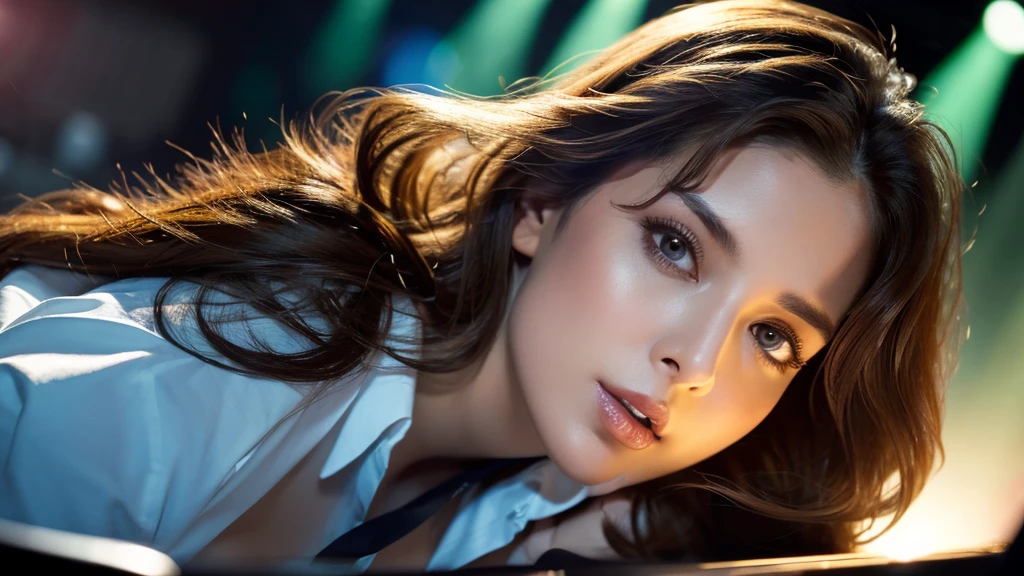 details (best quality, high resolution, overall artwork: 1.3, tall and beautiful woman, front view, long dark brown hair with loose waves, big breasts, white collared shirt V shape, dark alley, beautiful facial texture and skin, seductive eyes, seductive eyes, double eyelids. dj table, dj player, stage, lighting, vibrant color scheme