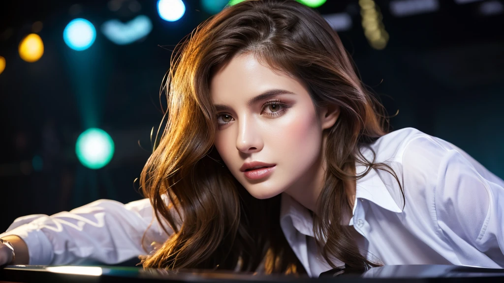details (best quality, high resolution, overall artwork: 1.3, tall and beautiful woman, front view, long dark brown hair with loose waves, big breasts, white collared shirt V shape, dark alley, beautiful facial texture and skin, seductive eyes, seductive eyes, double eyelids. dj table, dj player, stage, lighting, vibrant color scheme