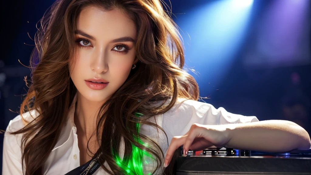 details (best quality, high resolution, overall artwork: 1.3, tall and beautiful woman, front view, long dark brown hair with loose waves, big breasts, white collared shirt V shape, dark alley, beautiful facial texture and skin, seductive eyes, seductive eyes, double eyelids. dj table, dj player, stage, lighting, vibrant color scheme