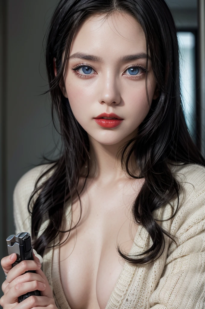 A woman spy with a gun in her hand specialist with black hair and red lipstick blue eyes