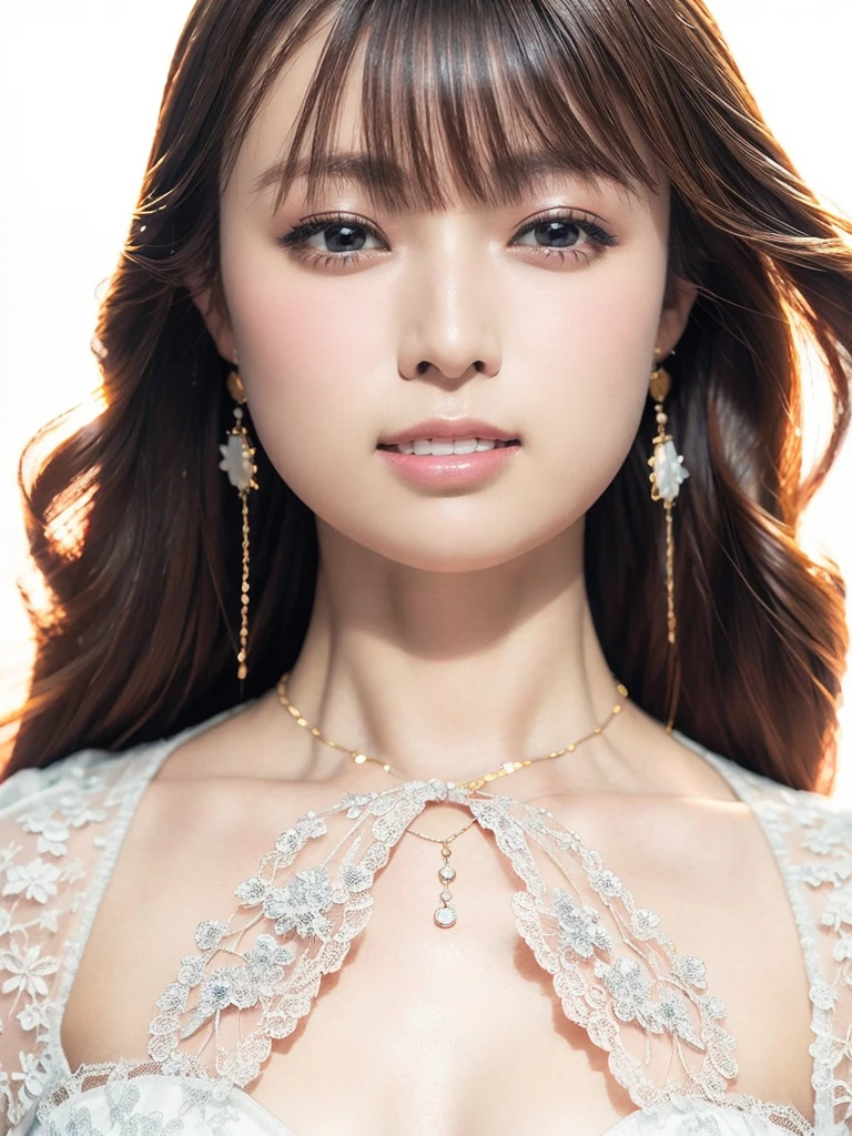 White Background、Professional Lighting、(((Professional Lighting 1.5)))、Translucent skin texture、Beautiful Skin、Beautiful Skin、、(((Whitening 1.5)))、、、音符のEcstasy、((White lace dress 1.5))、、Mid-shot photo、Simple earrings and necklace、((tea hair))、Tie your hair up、sex appeal、Sex Appeal、Ecstasy、(((1.5))、