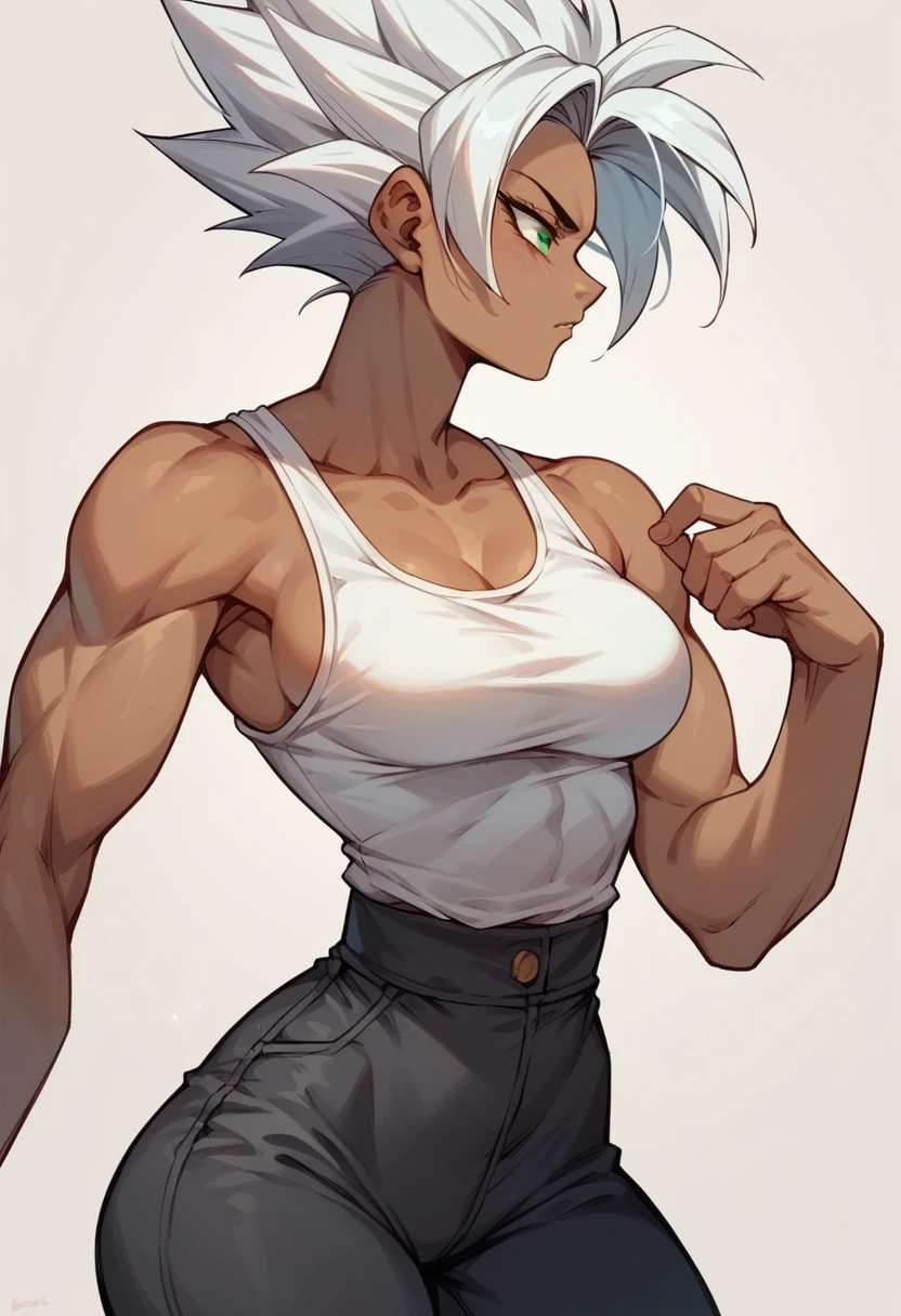 a girl, Saiyan, white hair, green eyes,slim, thin waist, wide hips, brown skin color, medium breasts, white tank top , black pants, tight clothes,profile picture 

