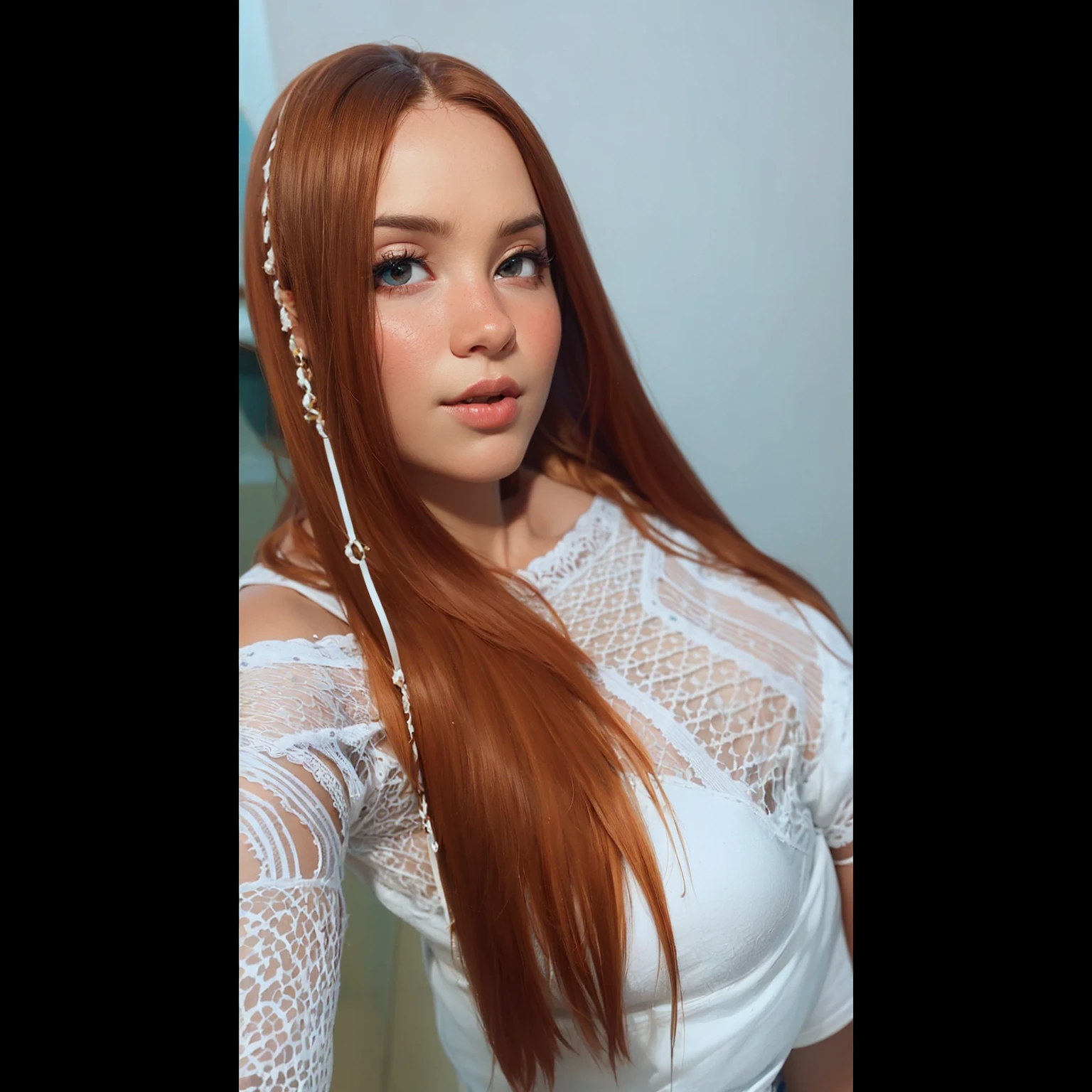 25-yo girl with long brown hair and blue shirt posing in kitchen, fluffy hair, flowing massive hair, cute detailed digital art, deviantart artstation cgscosiety, in the style of ross tran, beautiful digital artwork. UHD, best quality, 16k, anatomically correct, textured skin, super detail