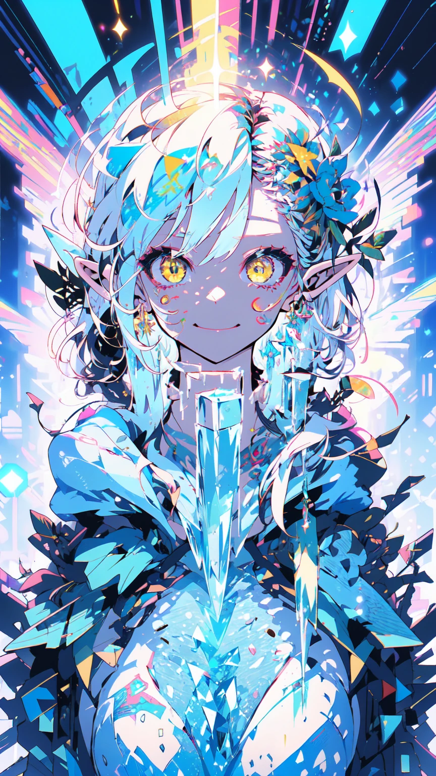 (portrait of an ice elf:1.2), medium length elf ears, pointy ears,ice around, ice cream theme,( bright yellow eyes:1.2), light and cold smile, arrogant facial expression, Russian style sexy suit, blue crystal jewelry, icy blue glitter tattoos,detailded,realisitic,4k altamente detailded,by Mappa studios,work of art,best qualityer,offcial art,illustration,clear line,(great_Farbe),perfect composition,fancy,focused,third party rule
