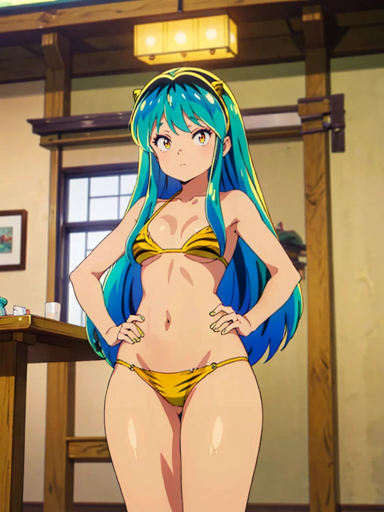masterpiece, Highest quality, 1 Girl, Lum, Micro Bikini, anime, Charm, 18-year-old, sexy, blush, Stand with your feet apart, Hands on hips, Japan, Focus on the feet, High definition, From before, Japan, Green Hair, Cowboy Shot