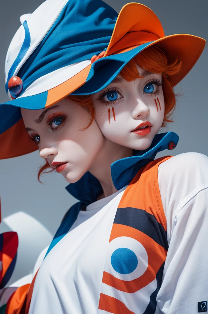 Orange hat facing backwards, blue eyes bright ray, clown face, and white shirt with few red details