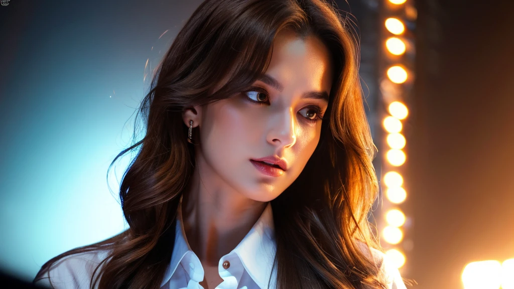 details (best quality, high resolution, overall artwork: 1.3, tall and beautiful woman, front view, long dark brown hair with loose waves, big breasts, white collared shirt V shape, dark alley, beautiful facial texture and skin, seductive eyes, seductive eyes, double eyelids. dj table, dj player, stage, lighting, vibrant color scheme