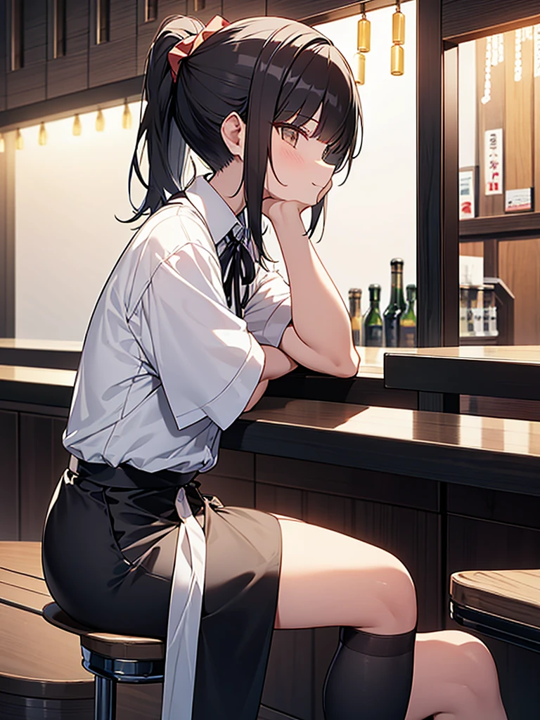 Small beer cup on the counter Tall woman:1.9 Side view composition Izakaya at night Sitting on a chair White collared shirt short sleeves Black skirt Smiling Talking Black short hair Ponytail:1.9 Straight hair Hair tie Sweep bangs to the side:1.9. Slanted eyes, brown eyes, tall, strong-willed, beautiful