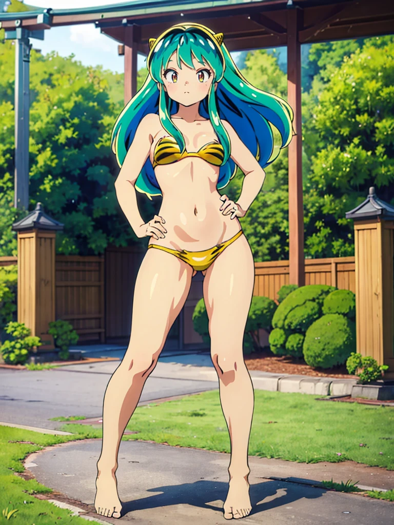 masterpiece, Highest quality, 1 Girl, Lum, Micro Bikini, anime, Charm, 18-year-old, sexy, blush, Stand with your feet apart, Hands on hips, Japan, Focus on the feet, High definition, From before, Japan, Green Hair, Cowboy Shot