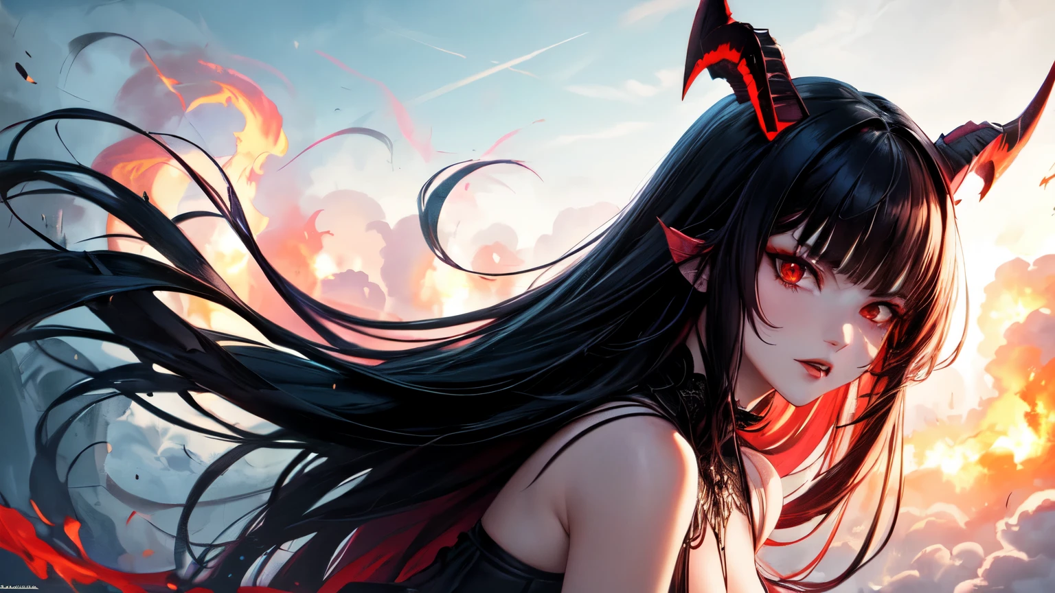((extremely detailed, 1 woman, 2 red horns, long black hair, flying hair, red eyes, evil face)), (epic black outfit with red details, neckline), (battlefield, flames, dust, best shadows) , staring at the viewer