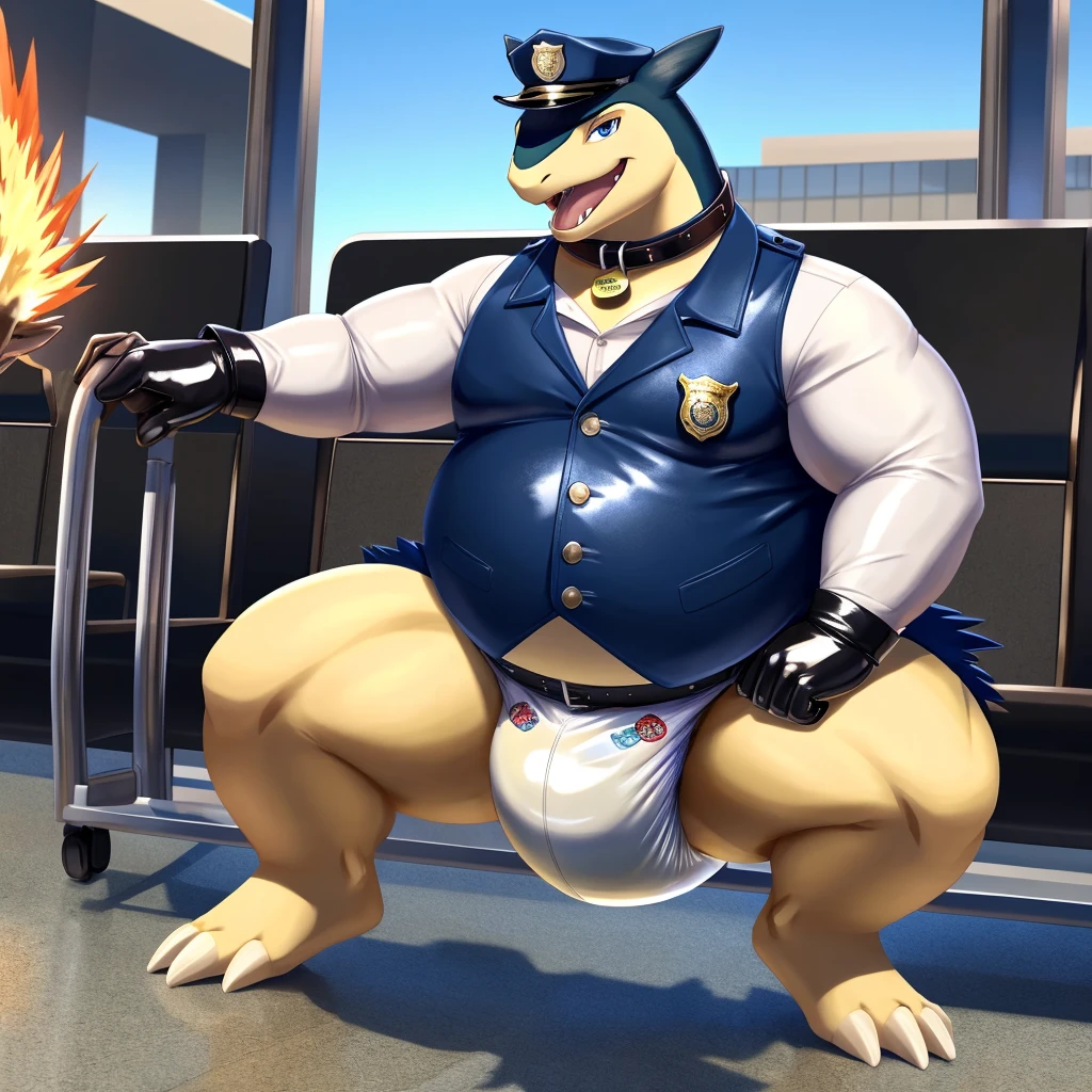 Solo, Male, fat, squatting, extremely obese, gentleman, dapper Typhlosion, pooping in diaper, blue eyes, (soft shading), 4k, hi res, ((detailed face, detailed)), looking at viewer, evil grin, Airport, TSA, TSA Uniform, collared shirt with buttons, hat, male focus, Police Uniform, glasses, monocle, vest with buttons, sleeves rolled up, round eyewear, headwear, vest, Typhlosion is wearing a glossy leather dog collar around the neck, Typhlosion is wearing the leather collar and shirt and vest at the same time, Typhlosion is wearing glossy white rubber gloves on the hands, wearing white rubber gloves on the feet, gloves are rubber in texture, mouth wide open, evil laugh, clenching fists, leather collar is glossy and shiny with a lot of detail, Typhlosion is wearing gloves and leather collar at the same time, leather collar has a round dog-tag, leather collar is thick and detailed, white rubber gloves on the feet, Typhlosion is wearing gloves and leather collar at the same time, leather collar has a round dog-tag, leather collar is thick and detailed, leather collar is glossy and shiny, fancy clothing, dapper vest, dapper shirt, leather collar is thick, glossy leather collar, Typhlosion is wearing a dirty diaper