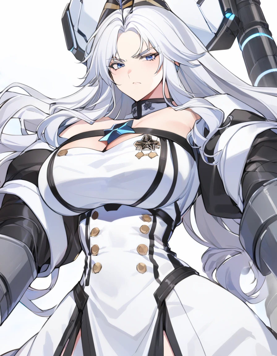 Anime, 1 girl with heavy mechanical arms, solo, kimtag, Sovetsky Soyuz, Sovetsky Soyuz's hairstyle, white hairstyle, busty, firm chunky body, white military's uniform, large heavy mechanical-arms, BLUE eyes, serious