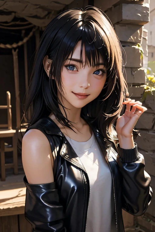 Highest quality　High resolution　Simple　Remainsの様なDungeons　RemainsDungeons　Long bangs　Adult female　Adventurer Girl　Loose expression　cute　smile　Leather jacket　Beautiful Eyes　One Woman　Long side hair　Very black hair　Shiny long hair　Straight hair　Ahoge　Wide sleeves　Long hem　cute目　Remains　Dungeons　Underground maze