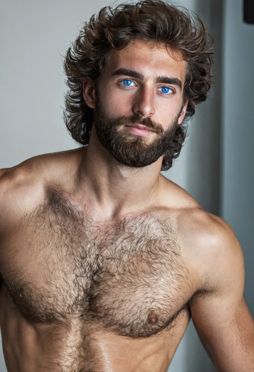 man, 24 years old, very hairy man, blue eyes, from Spain, handsome, no shirt, (hairy chest and legs: 1.0), with underwear, cinematography, 16k, uhd, in a studio, model, sexy man