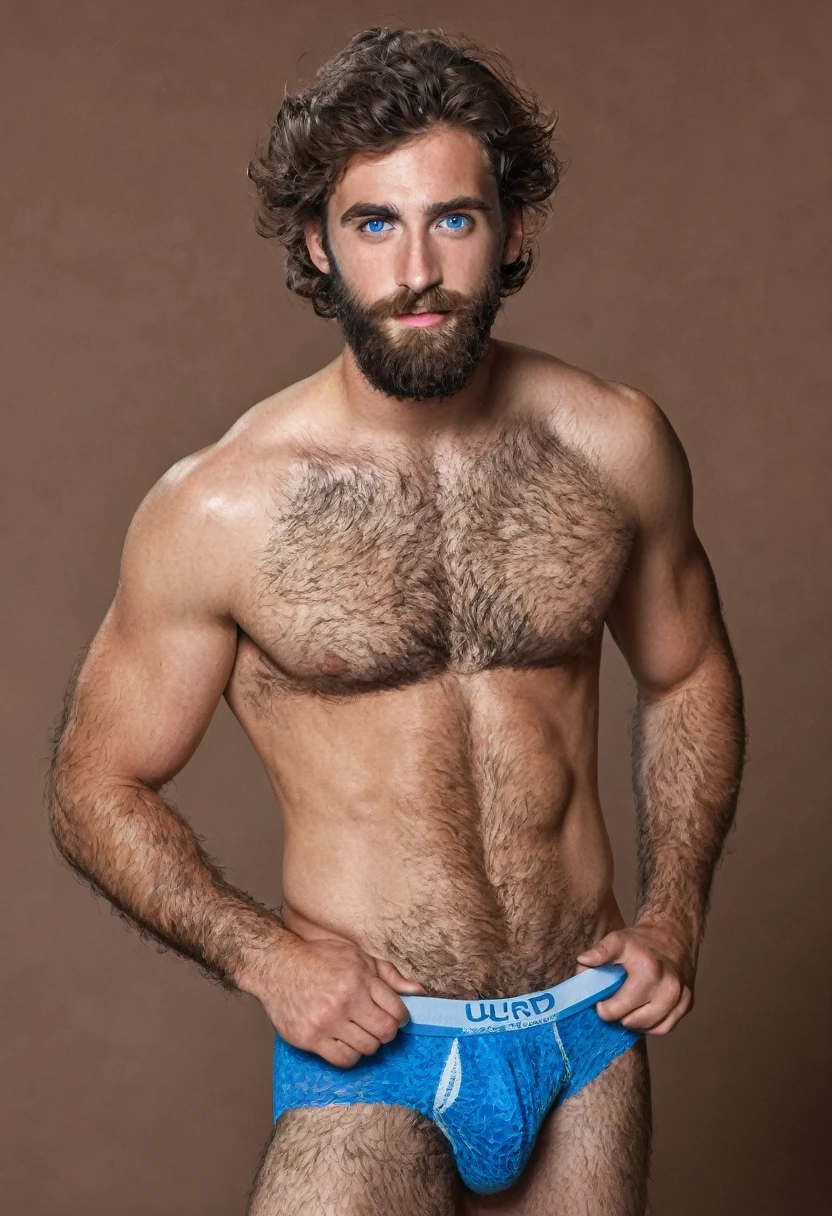 man, 24 years old, very hairy man, blue eyes, from Spain, handsome, no shirt, (hairy chest and legs: 1.0), with underwear, cinematography, 16k, uhd, in a studio, model, sexy man