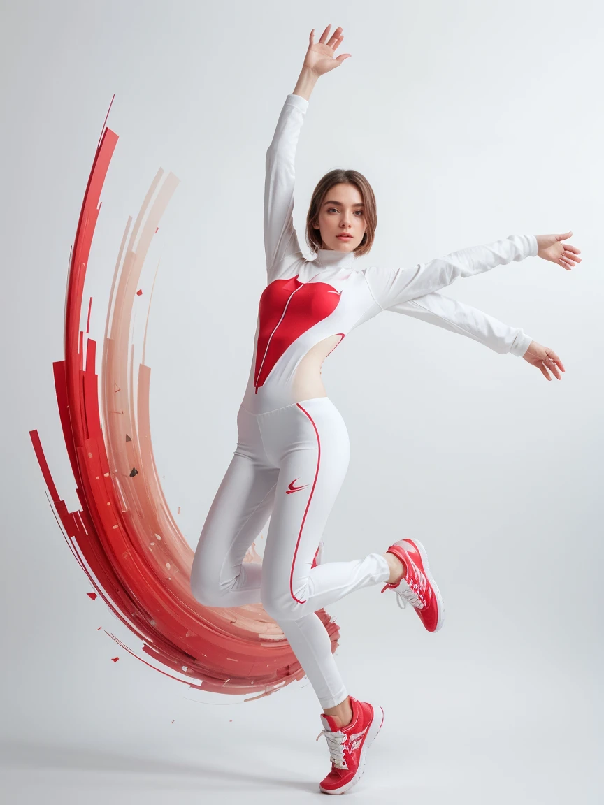 Ultra realistic poster, Futuristic fashion meditation woman jumping in the air, in white outfit with red long sleeve details, red and silver sneakers, white background, vibrant colors, ultra realistic image that highlights the character's features