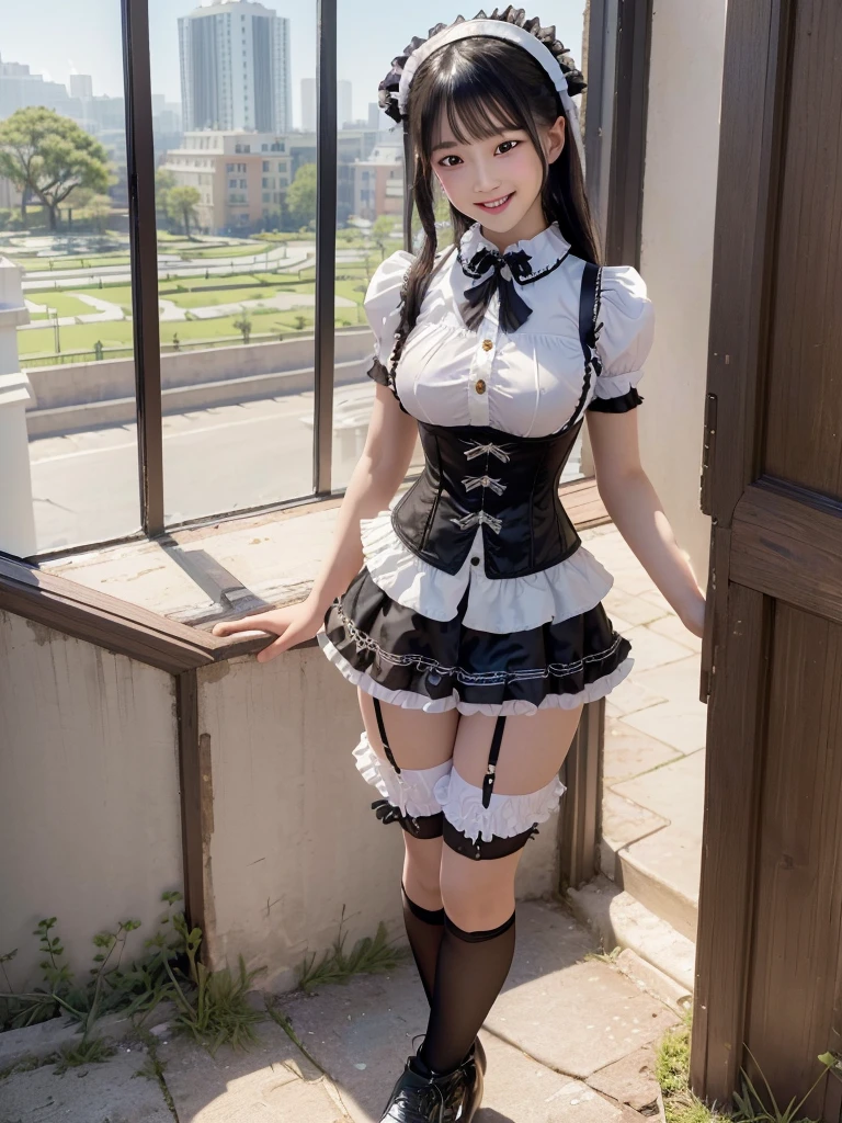 Highest quality、masterpiece、8k、Very detailed、Realistic、(One girl)、(Early s)、(Young face)、(Primary school students)、(Looking at me with a smile:1.5)、whole body、(Black Hair)、Small face、(Slender:1.2)、(Big Breasts:1.2)、(White frilly shirt with buttons and collar:1.2)、(Black short ruffled skirt:1.2)、(Black knee-highs)、(Black garter belt)