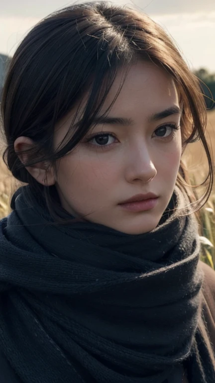 8k, best quality, masterpiece, realistic, ultra detail, photo realistic, Increase quality, 
a photo of a girl standing in a field with a scarf, in the style of dark and brooding designer, voluminous mass, photobash, serene faces, jagged edges, navy, natural beauty, close-up shot
