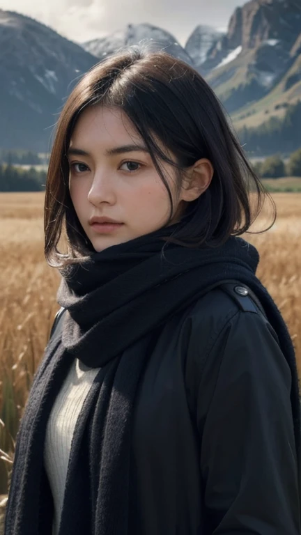 8k, best quality, masterpiece, realistic, ultra detail, photo realistic, Increase quality,
a photo of a girl standing in a field with a scarf, in the style of dark and brooding designer, voluminous mass, photobash, serene faces, jagged edges, navy, natural beauty, close-up shot