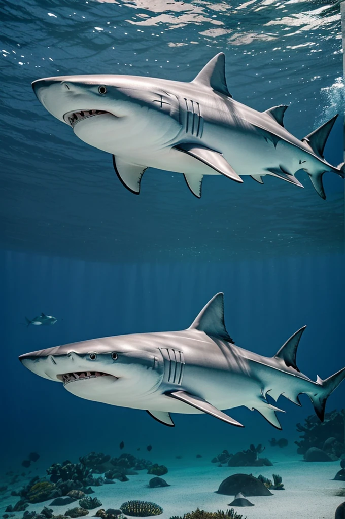 Shape and skin: Prodogen with smooth, streamlined body shape, resembling a shark. The main skin color is gray with a lighter shade on the belly and underside of the tail..head: Characteristic shark mouth with sharp teeth. The head is decorated with large fins on the sides, maintaining the traditional appearance of prodogens, but with shark elements.eyes: Vertical pupils with deep blue or turquoise irises, giving a scary look.Fins: Large dorsal fin on the back, starting from the back of the head and ending at the base of the tail. There are small fins on the arms and legs, improving maneuverability underwater.body: Muscular and streamlined, with dark stripes or markings on the chest and sides, reminiscent of shark skin pattern.Tail: long, powerful tail with a forked end, like a shark, for swimming and self-defense.claws: sharp claws on hands and feet, adding predatory features to the character