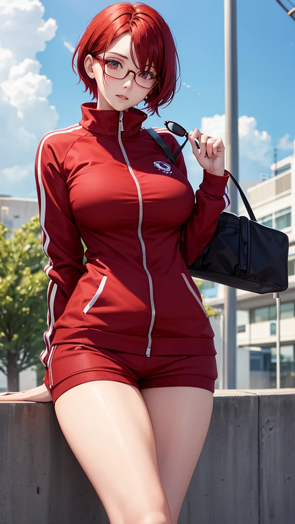 woman with short red hair, white eyes, glasses, tall body, big breasts, sexy wearing a tracksuit, is at school