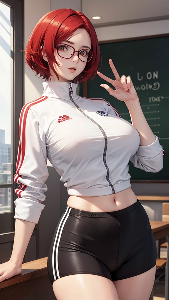 woman with short red hair, white eyes, glasses, tall body, big breasts, sexy wearing a tracksuit, is at school