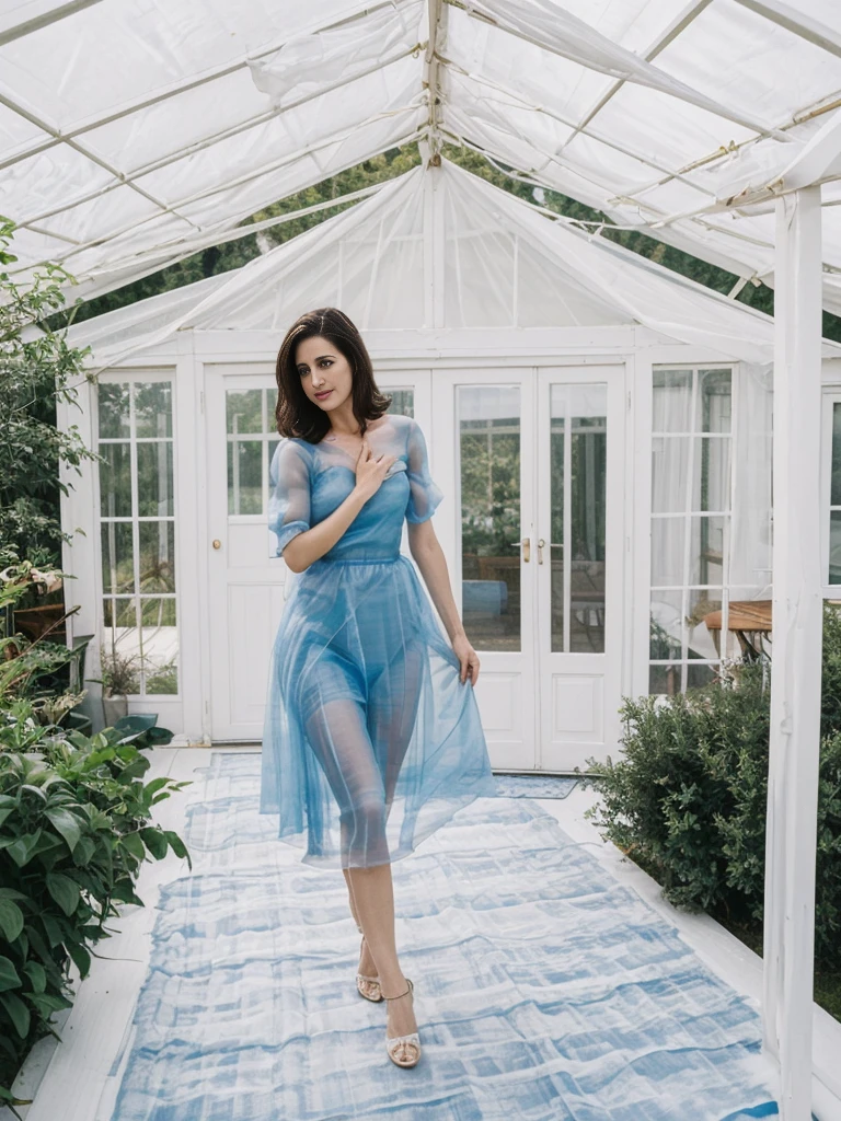 her name is Yasmin Fatima, high quality, ((mature)), ((white pale skin)), 1girl, ((30-year-old fit Swiss woman)), ((30 years old)), ((fit)), ((brunette)), pose: standing, wearing stylish blue (((organza))), ((BACKGROUND: indoor house in America)), random pose, cranky hair