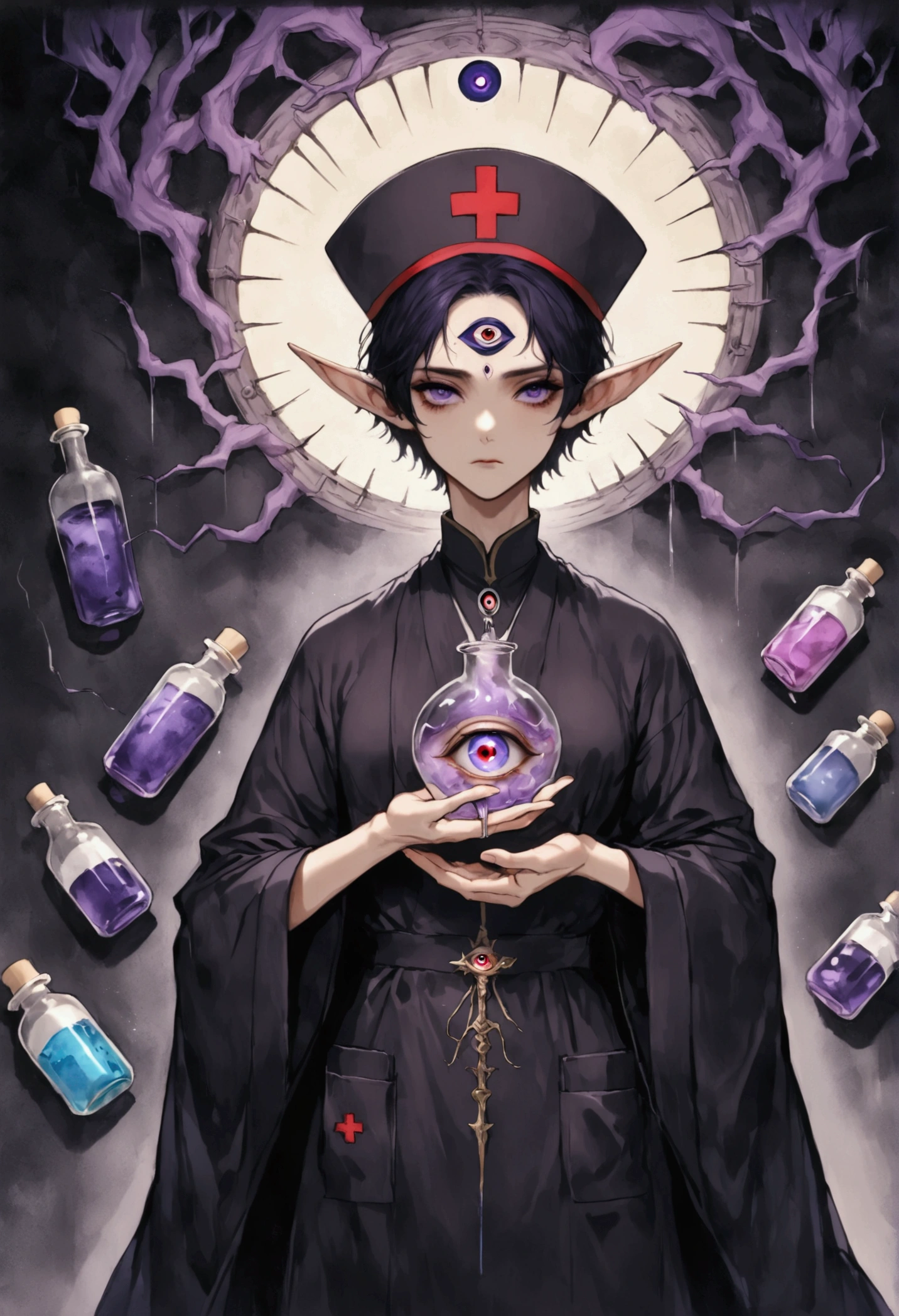 (((Lord Nether,short hair,独奏,third eye on the forehead,Purple pupils,Dark eyeshadow,Elf ears))),(((robe:1.6,Eye Diagram,Dark Pattern))).(((Nurse hat,Infusion bottles,medical instruments,rescue,first aid))),whole body,Death Stare Background。body movements