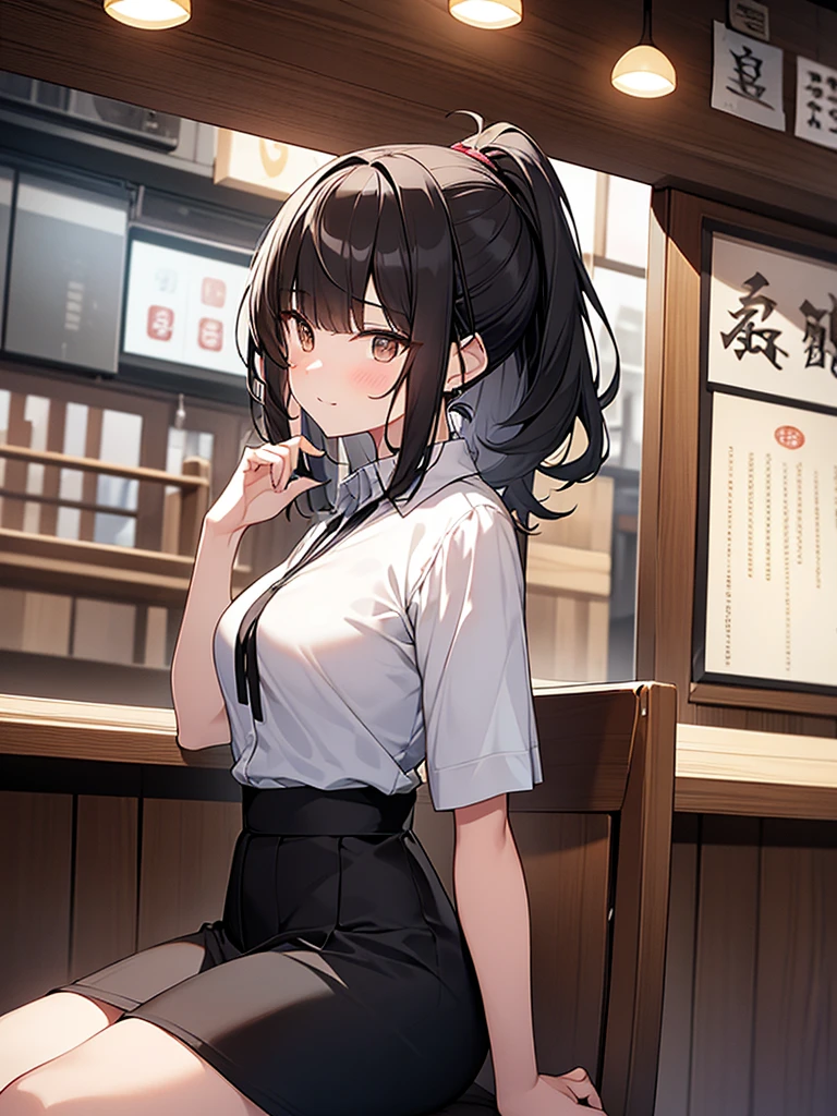 Surprised face Tall woman:1.9 Side view composition Izakaya at night Sitting on a chair White collared shirt short sleeves Black skirt Smiling Talking Black short hair Ponytail:1.9 Straight hair Hair tie Sweep bangs to the side:1.9. Slanted eyes, brown eyes, tall, strong-willed, beautiful