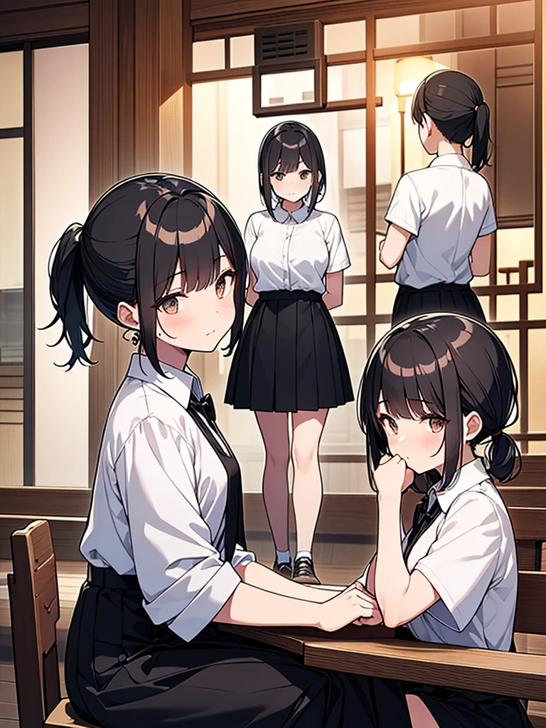 Surprised face Tall woman:1.9 Side view composition Izakaya at night Sitting on a chair White collared shirt short sleeves Black skirt Smiling Talking Black short hair Ponytail:1.9 Straight hair Hair tie Sweep bangs to the side:1.9. Slanted eyes, brown eyes, tall, strong-willed, beautiful
