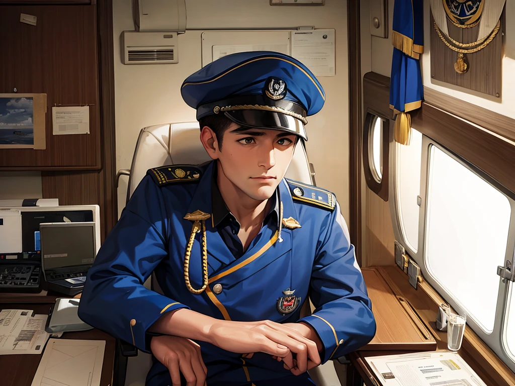 pilot man in mexican navy uniform sitting in his chair manning a warship, In the cabin you can see its crew, including a captain in a United States Navy uniform.