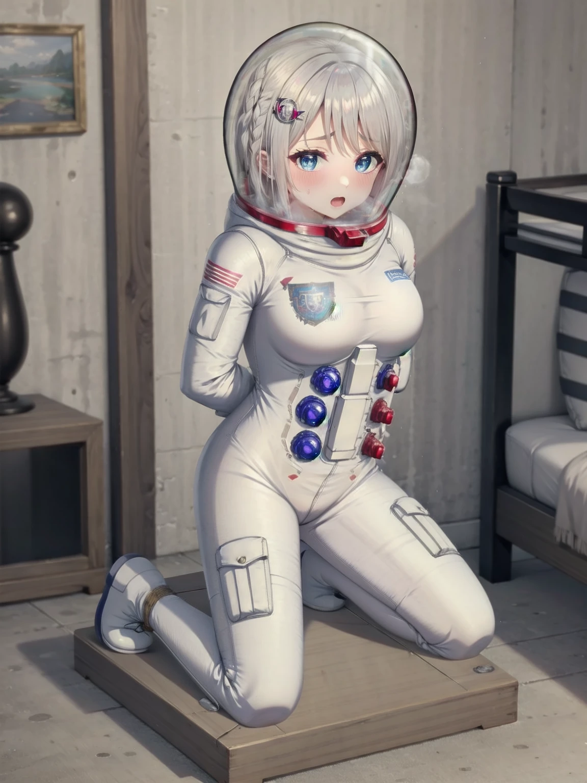 whb, large breasts, white hair, blue eyes, female focus, full body,  sweat, trembling,space suit, space helmet, bubble helmet, (room:1.7), bondage